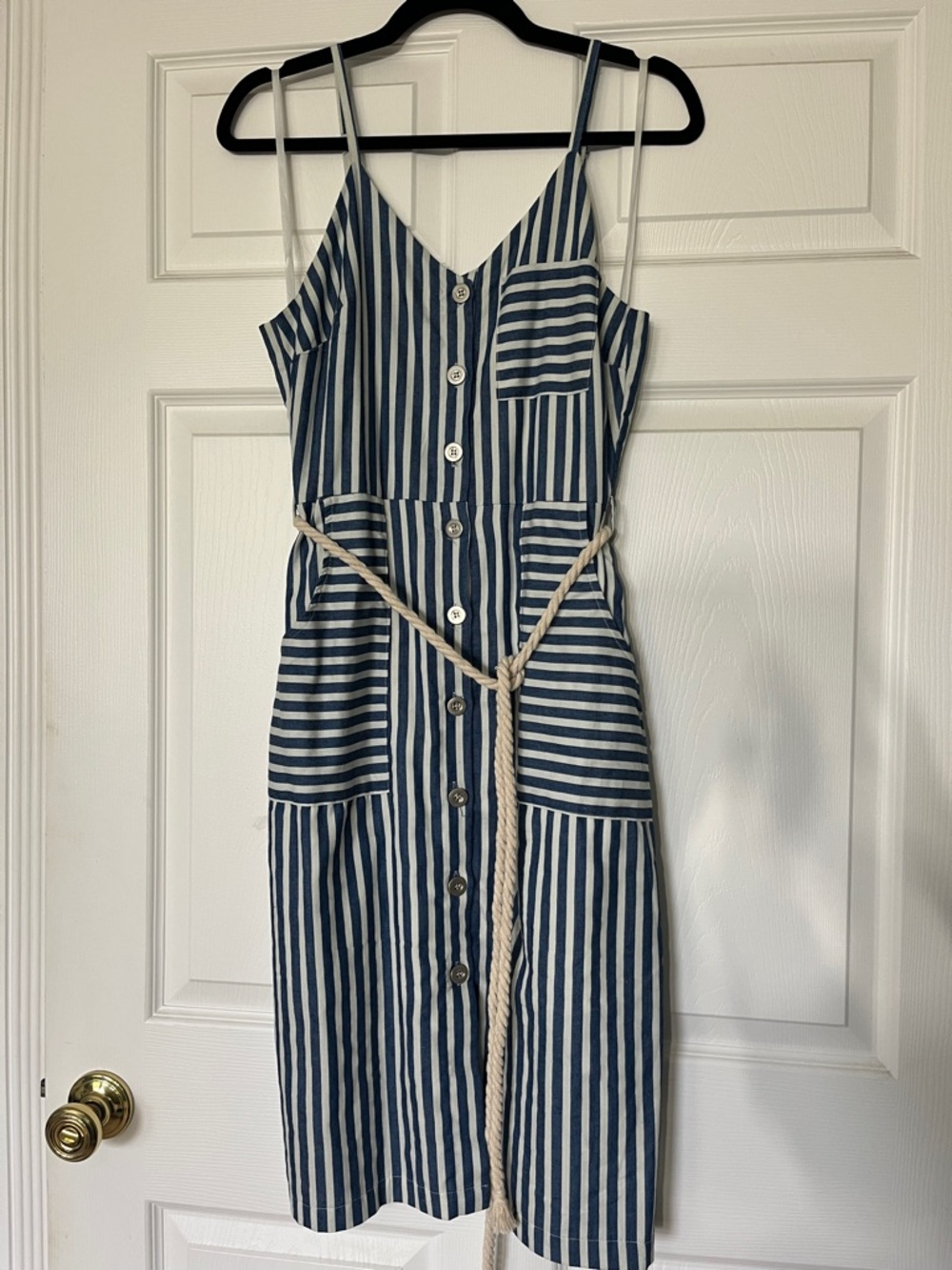 Gilli Striped Denim and White Button-Front Midi Dress with Rope Belt - Size S